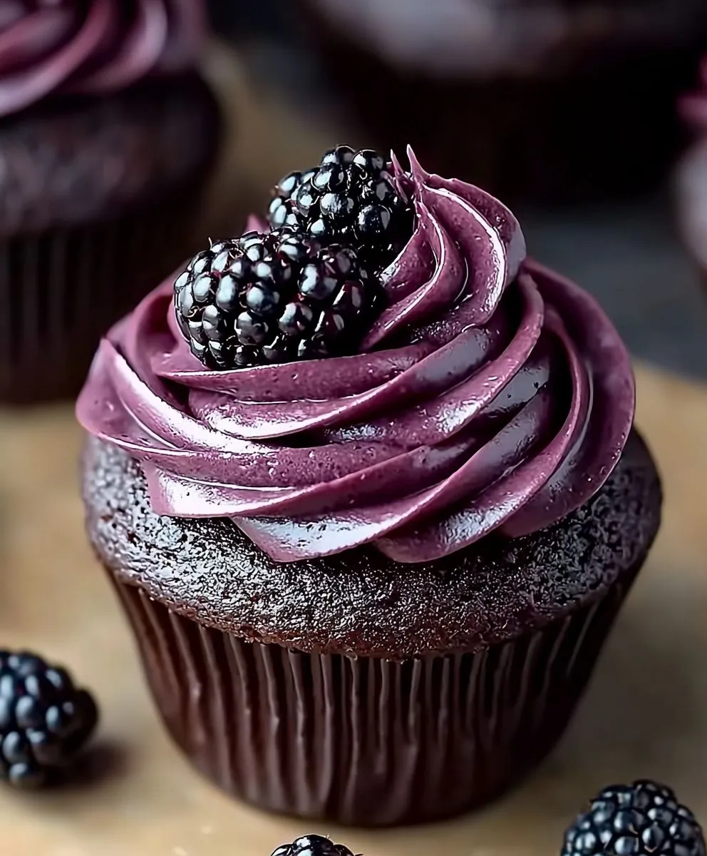 Dark Chocolate Blackberry Cupcakes with Blackberry Buttercream and Fresh Berry Topping - tertiary view