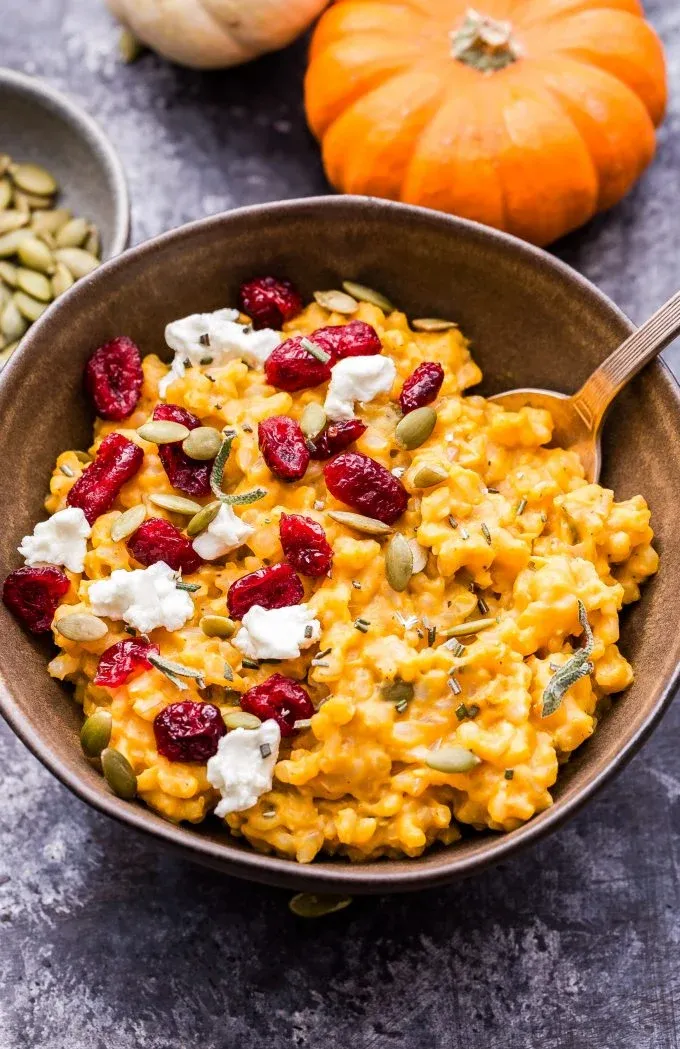 Creamy Baked Pumpkin Risotto with Tangy Goat Cheese and Dried Cranberries - tertiary view