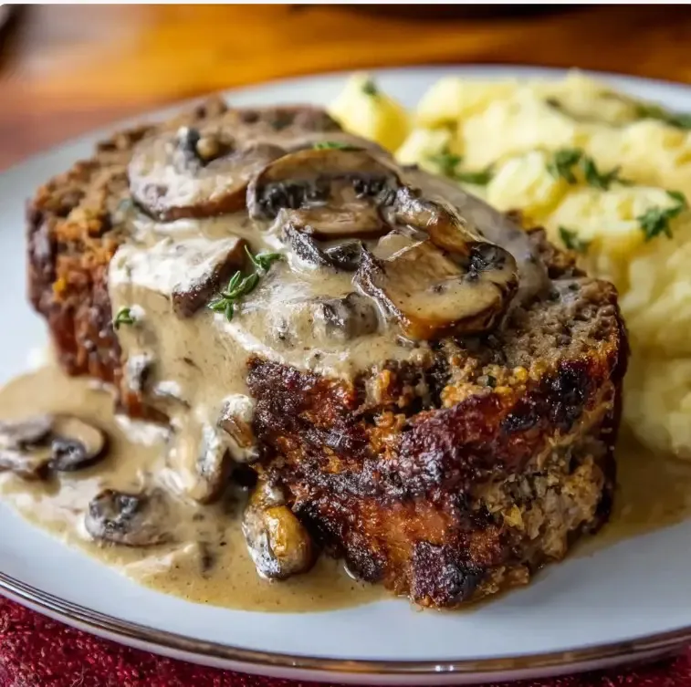 Classic Homestyle Meatloaf with Rich Creamy Mushroom Gravy and Mashed Potatoes - tertiary view