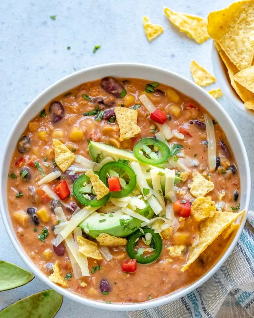 Creamy Vegetarian Tortilla Soup with Black Beans, Corn, and Crispy Tortilla Strips - secondary view