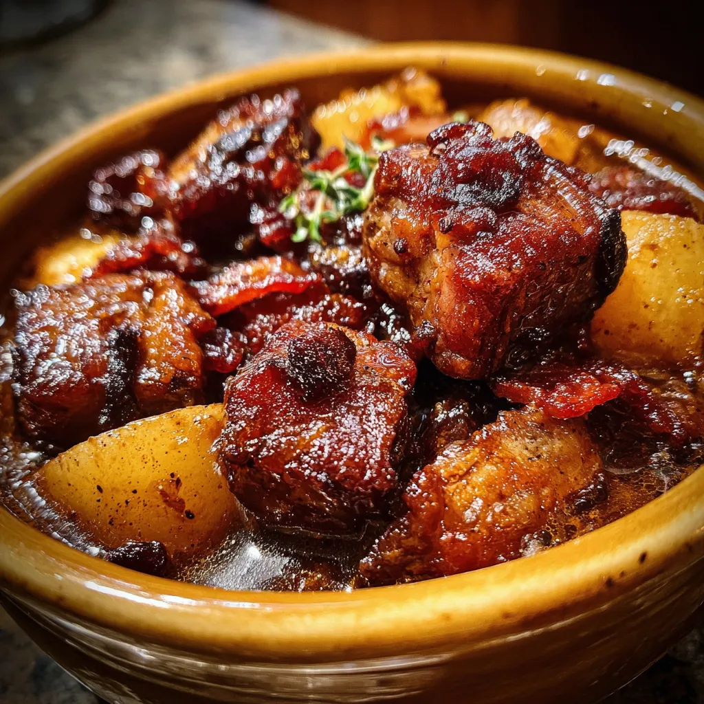 Hearty Pork Stew with Smoky Bacon, Sweet Apples, and Tender Prunes in Rich Broth - tertiary view
