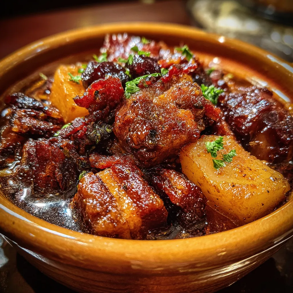 Hearty Pork Stew with Smoky Bacon, Sweet Apples, and Tender Prunes in Rich Broth