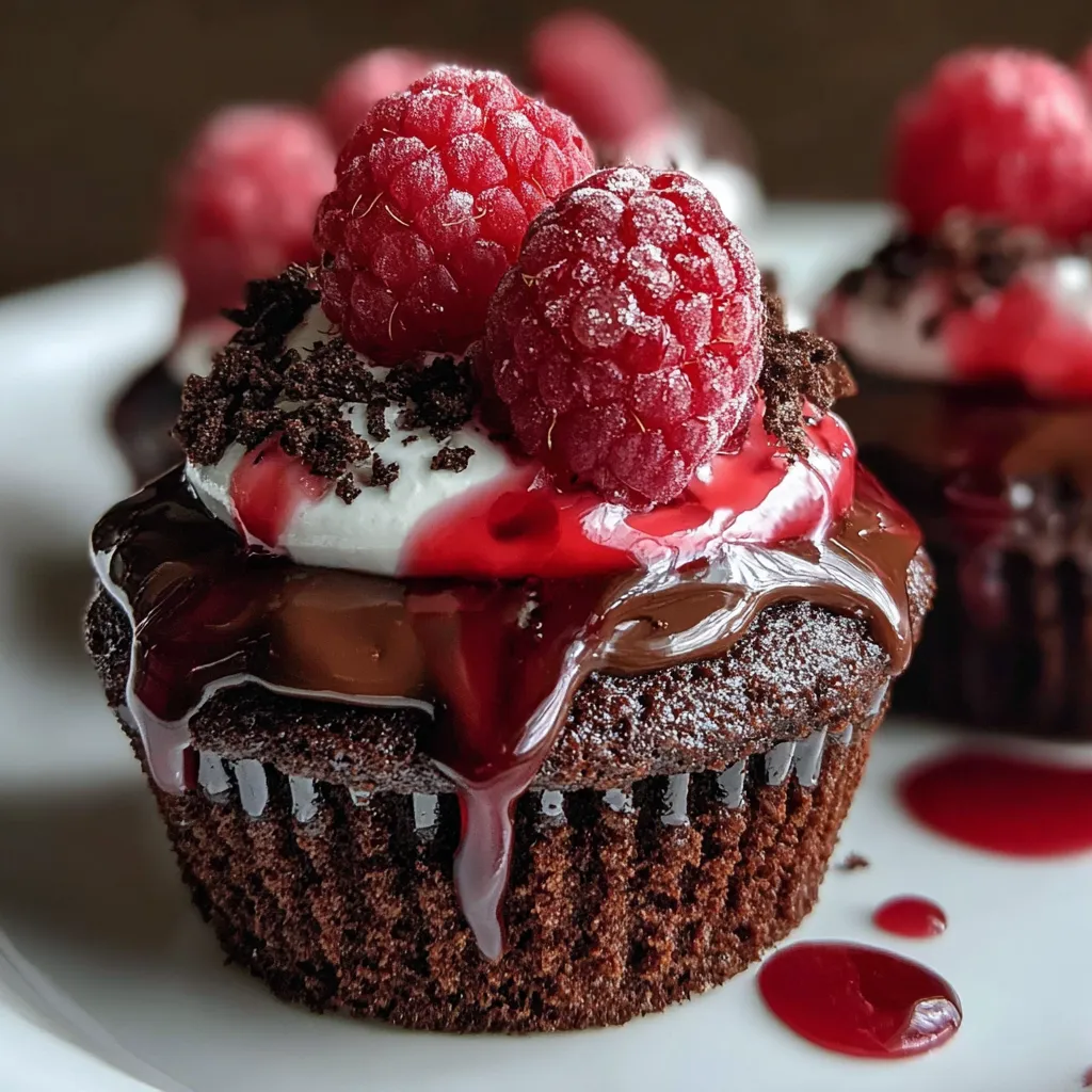 Decadent Chocolate Raspberry Lava Cupcakes with Fresh Berries and Chocolate Shavings - main view