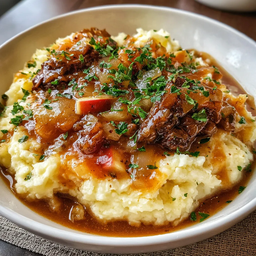 Hearty Fall Apple Cider Stew Served over Creamy Garlic Mashed Potatoes