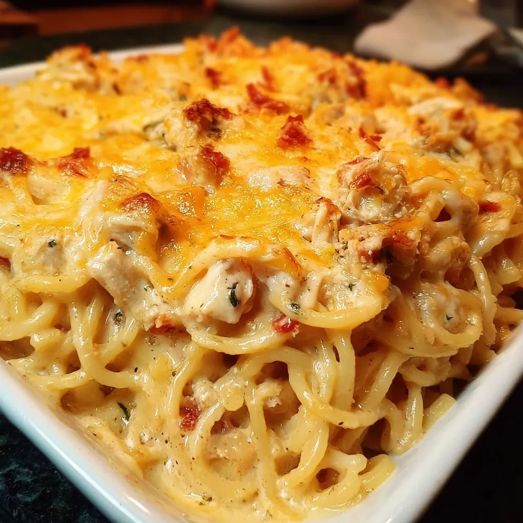 Homemade Southern Chicken Spaghetti Casserole with Creamy Cheese Sauce