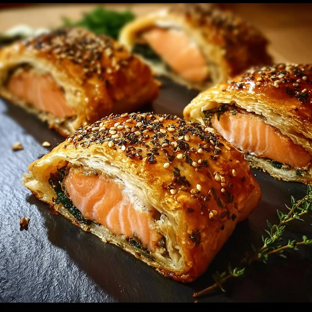 Individual Salmon Wellingtons with Herb Crust and Spinach Duxelles