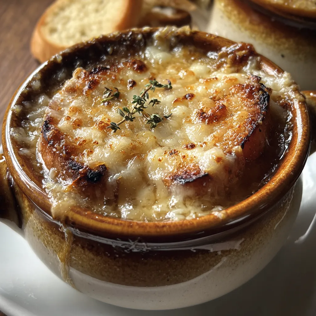 Classic French Onion Soup with Melted Gruyère Cheese and Toasted Bread - secondary view
