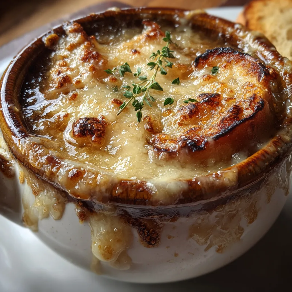 Classic French Onion Soup with Melted Gruyère Cheese and Toasted Bread