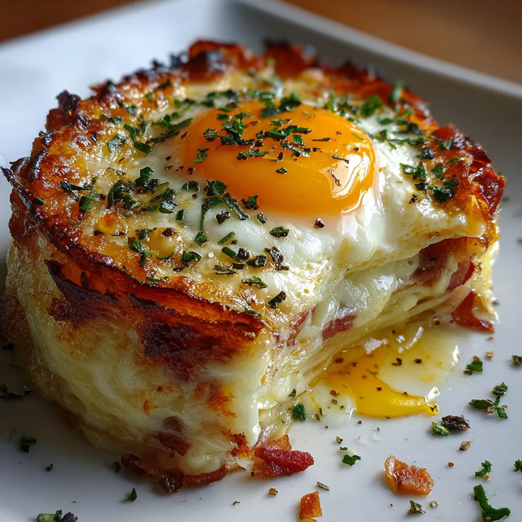 Baked Eggs Napoleon - Crispy Hash Brown Nest with Perfectly Fried Egg