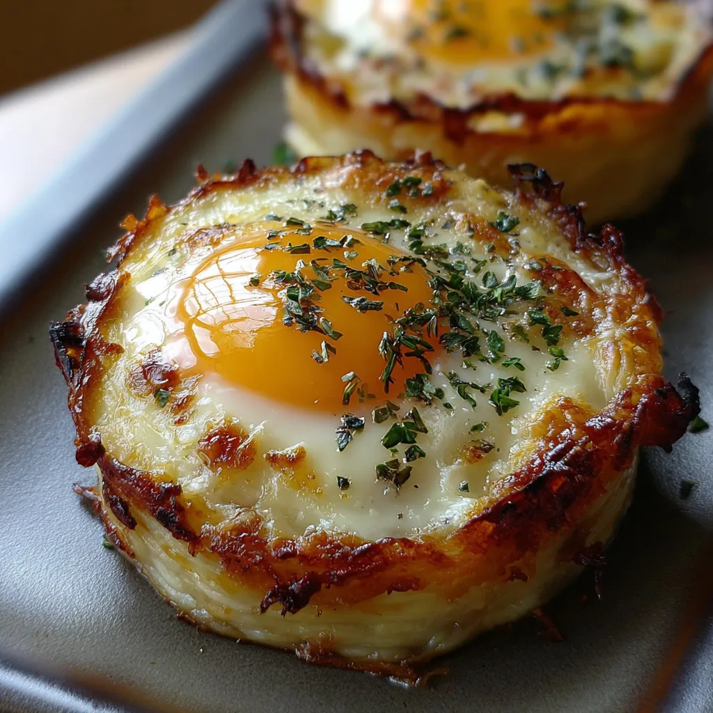 Baked Eggs Napoleon - Crispy Hash Brown Nest with Perfectly Fried Egg - tertiary view