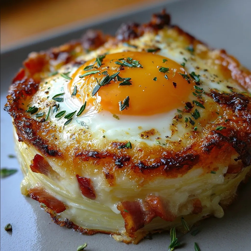 Baked Eggs Napoleon - Crispy Hash Brown Nest with Perfectly Fried Egg - secondary view