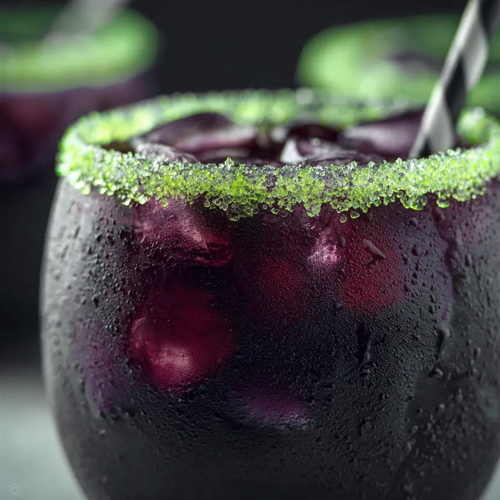 Drunk Witch Halloween Mocktail - Spooky Purple Blueberry Drink with Green Sugar Rim