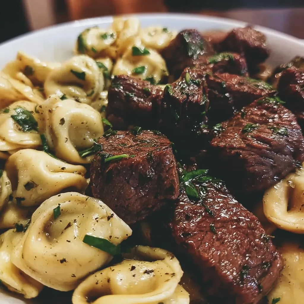 Buttery Steak Tortellini with Garlic Herb Sauce and Parmesan