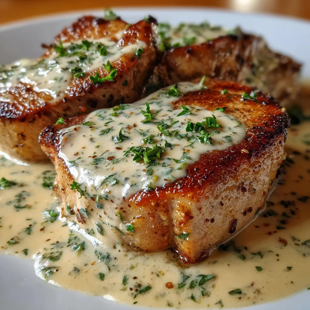 Garlic Parmesan Pork Chops with Herb Crust and Creamy Pan Sauce - main view
