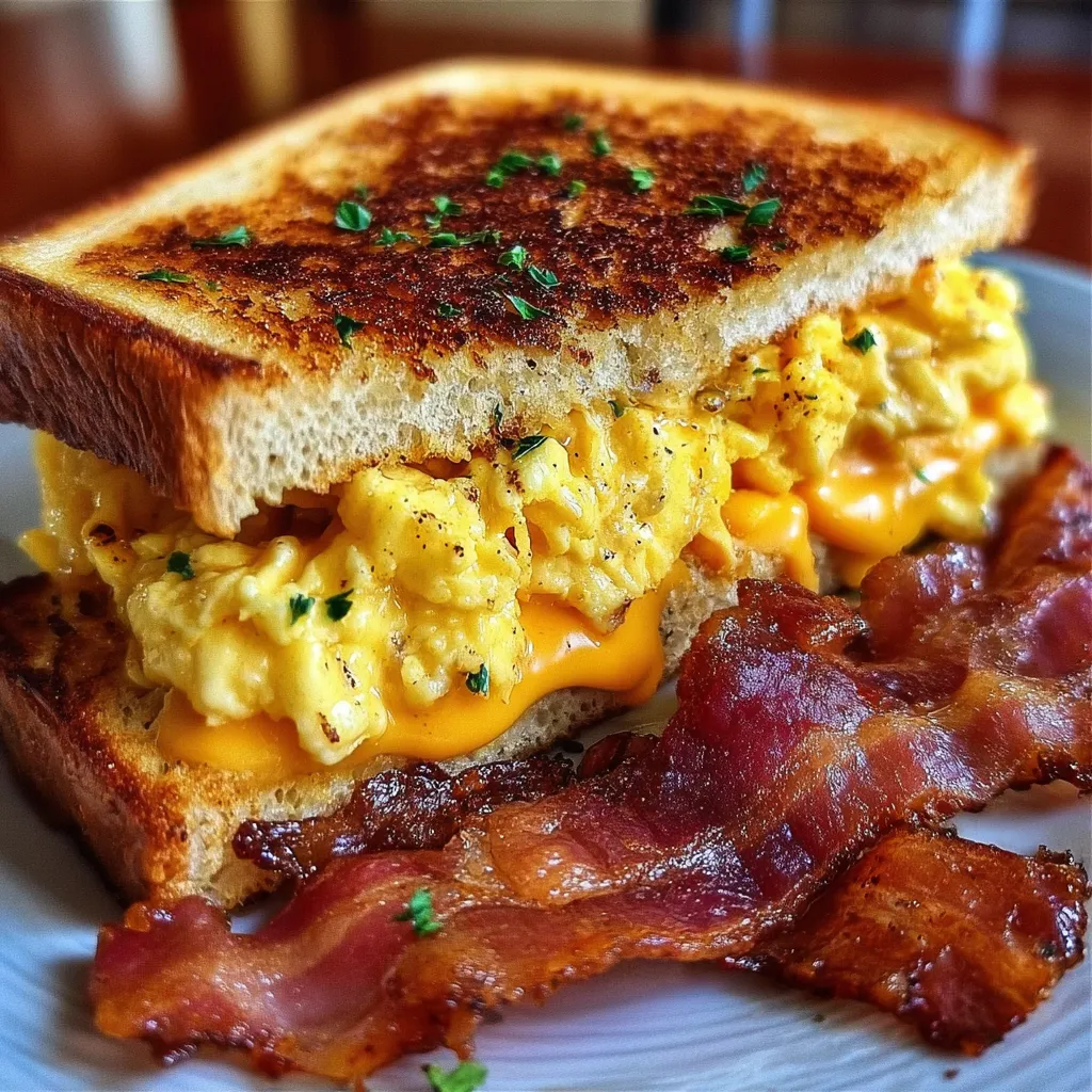 Ultimate Breakfast Grilled Cheese with Fluffy Scrambled Eggs and Crispy Bacon - main view