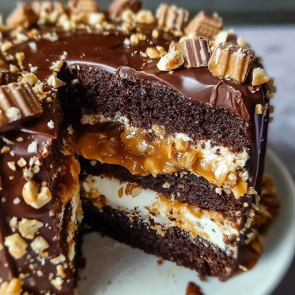 Ultimate Chocolate Snickers Cake - Decadent Layered Dessert with Peanuts and Caramel - tertiary view