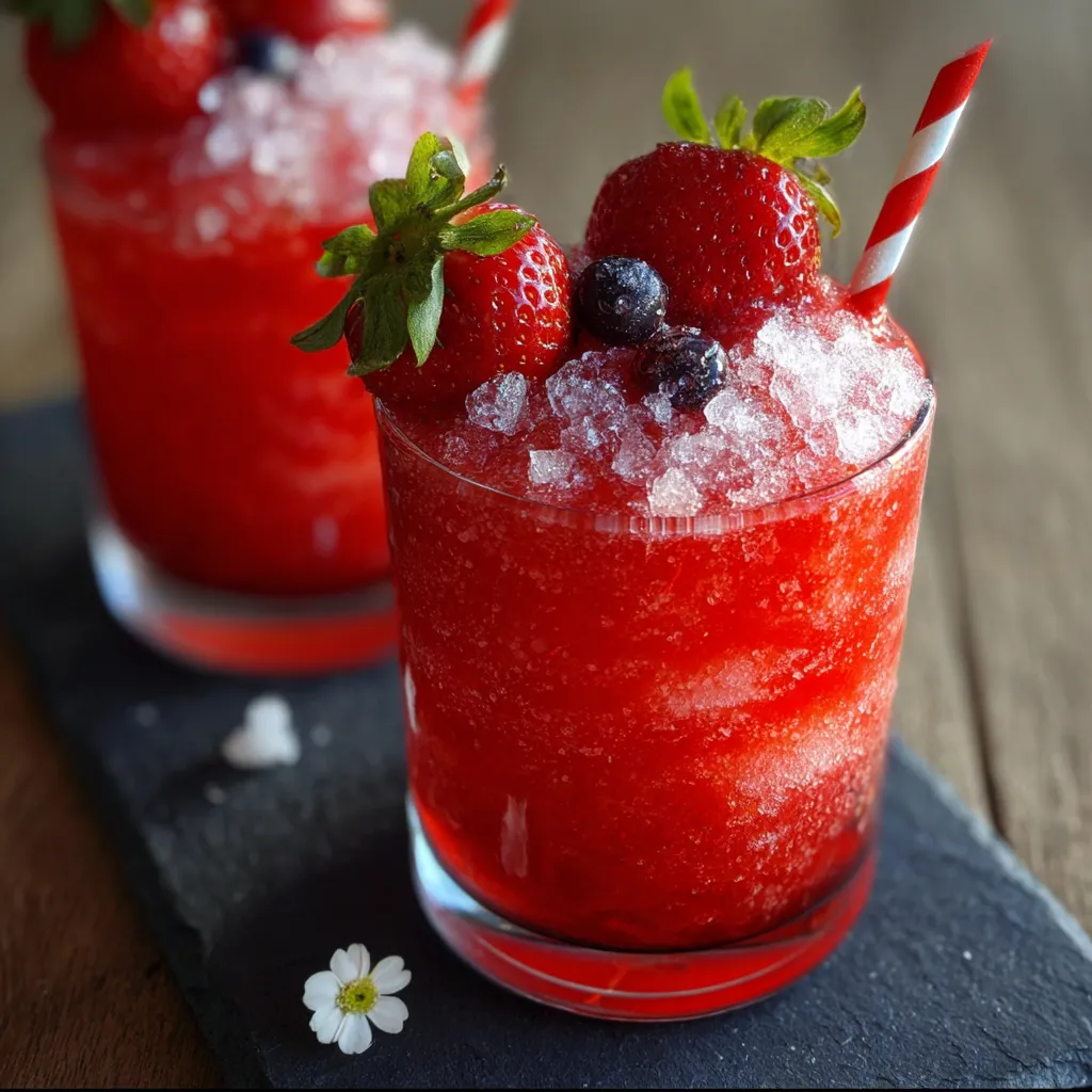 Frozen Strawberry Slushie with Fresh Berry Garnish: Sweet, Icy, Summer Refreshment Perfection