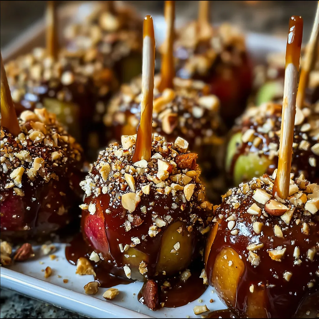 Sheet Pan Caramel Apples with Crunchy Nuts and Wooden Sticks - main view
