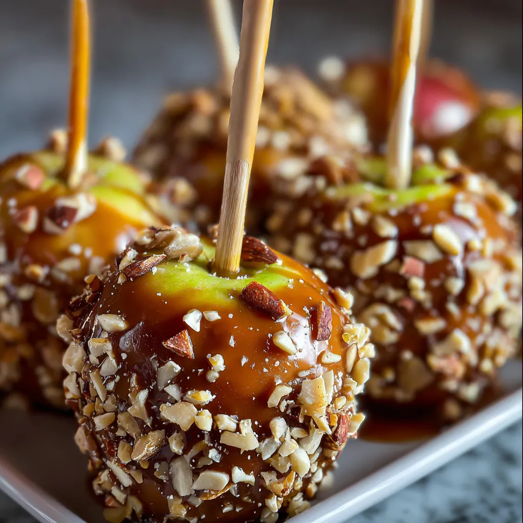 Sheet Pan Caramel Apples with Crunchy Nuts and Wooden Sticks - tertiary view