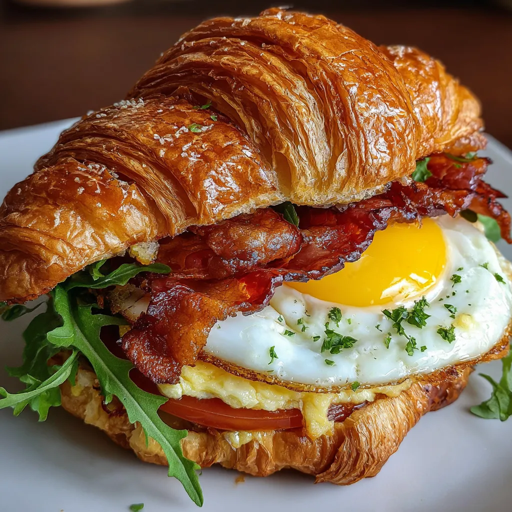 Ultimate Breakfast Croissant Sandwich with Scrambled Eggs and Crispy Bacon
