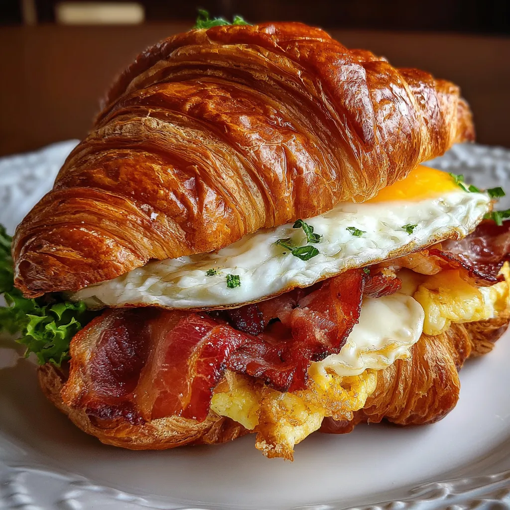 Ultimate Breakfast Croissant Sandwich with Scrambled Eggs and Crispy Bacon - secondary view