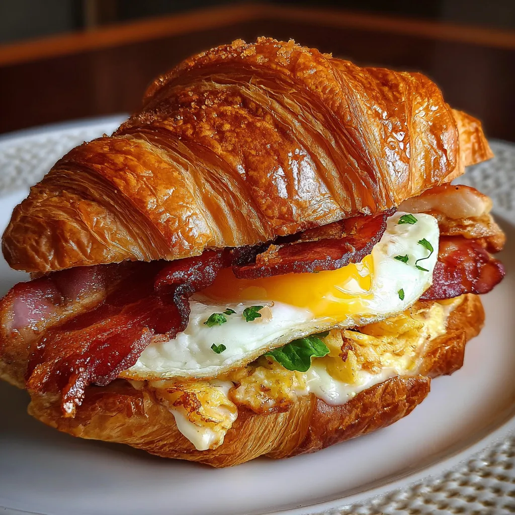 Ultimate Breakfast Croissant Sandwich with Scrambled Eggs and Crispy Bacon - tertiary view