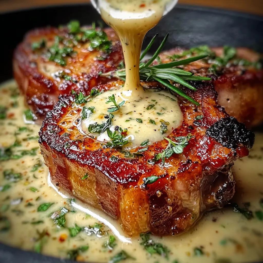 Maple Bacon Pork Chops with Creamy Dijon Mustard Sauce and Herbs - secondary view