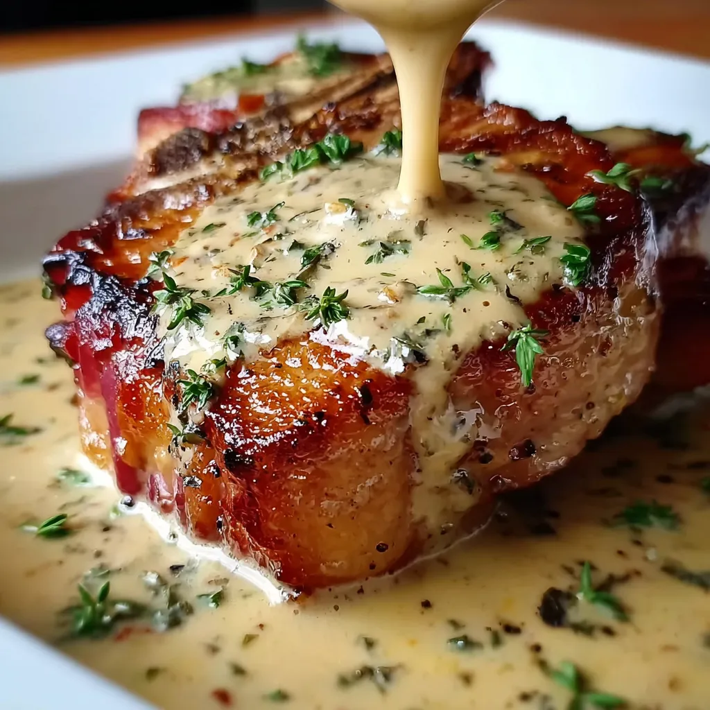 Maple Bacon Pork Chops with Creamy Dijon Mustard Sauce and Herbs
