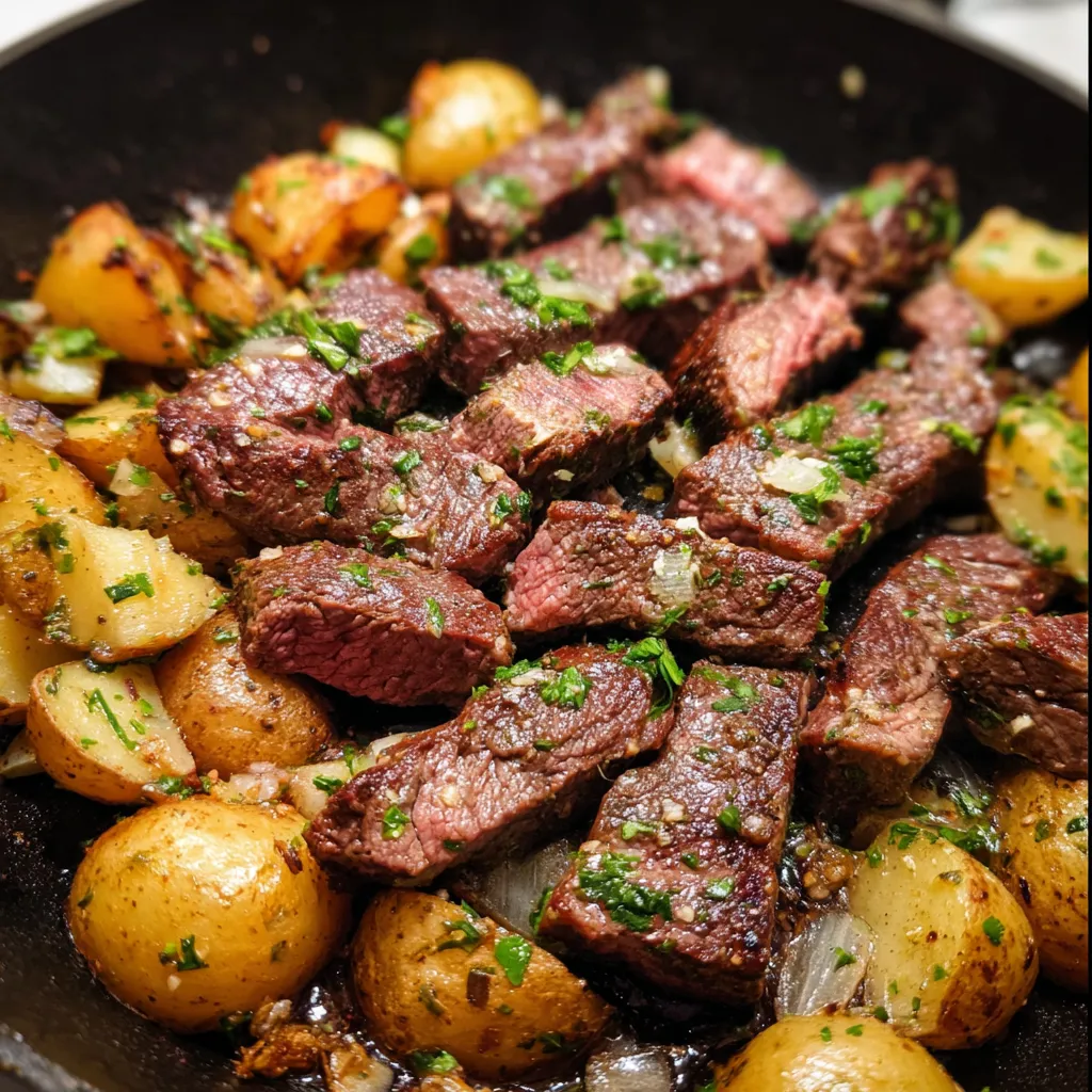 Garlic Butter Steak Bites and Crispy Roasted Potatoes with Fresh Herbs - main view