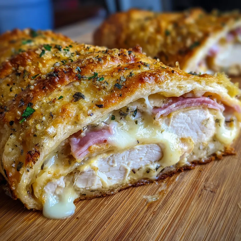 Ultimate Chicken Cordon Bleu Stromboli with Ham and Swiss Cheese