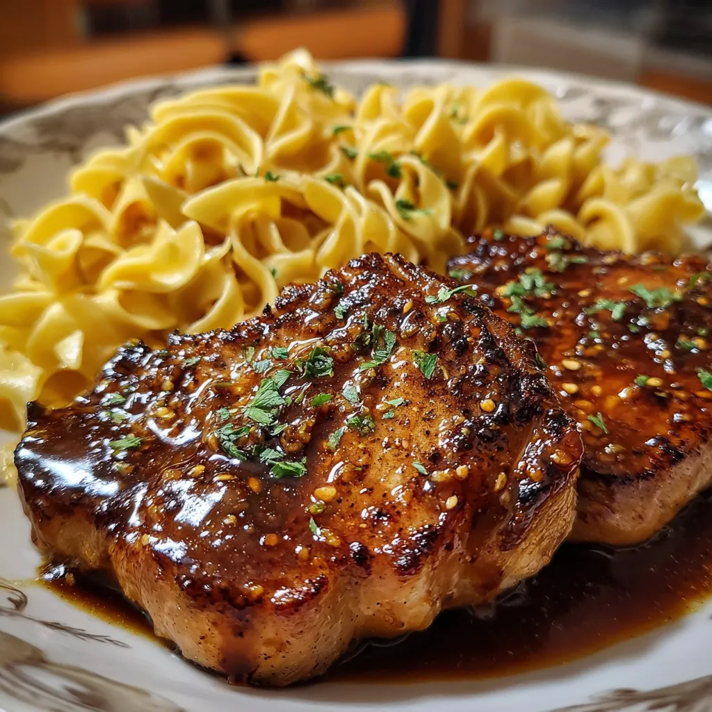 Honey Garlic Glazed Pork Chops with Creamy Buttered Egg Noodles