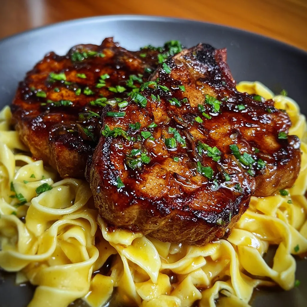 Honey Garlic Glazed Pork Chops with Creamy Buttered Egg Noodles - secondary view