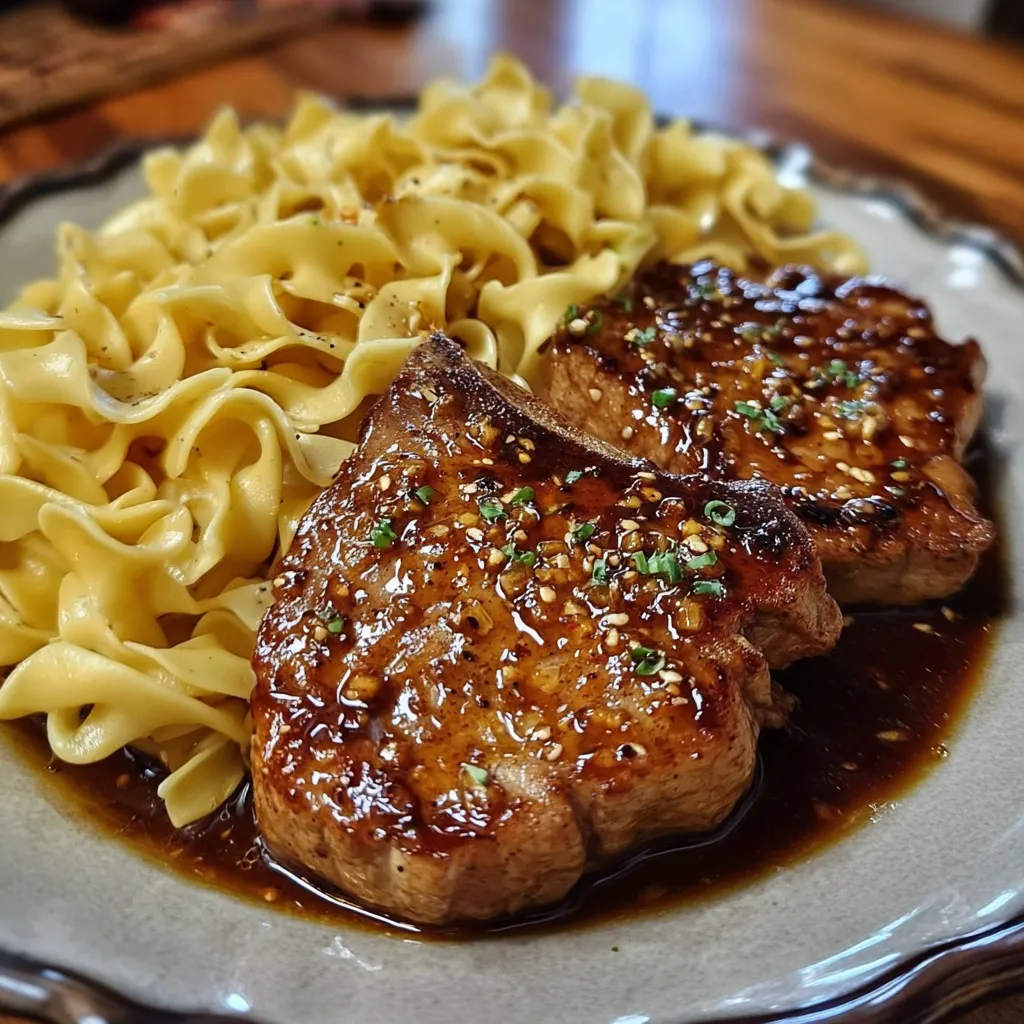 Honey Garlic Glazed Pork Chops with Creamy Buttered Egg Noodles - tertiary view