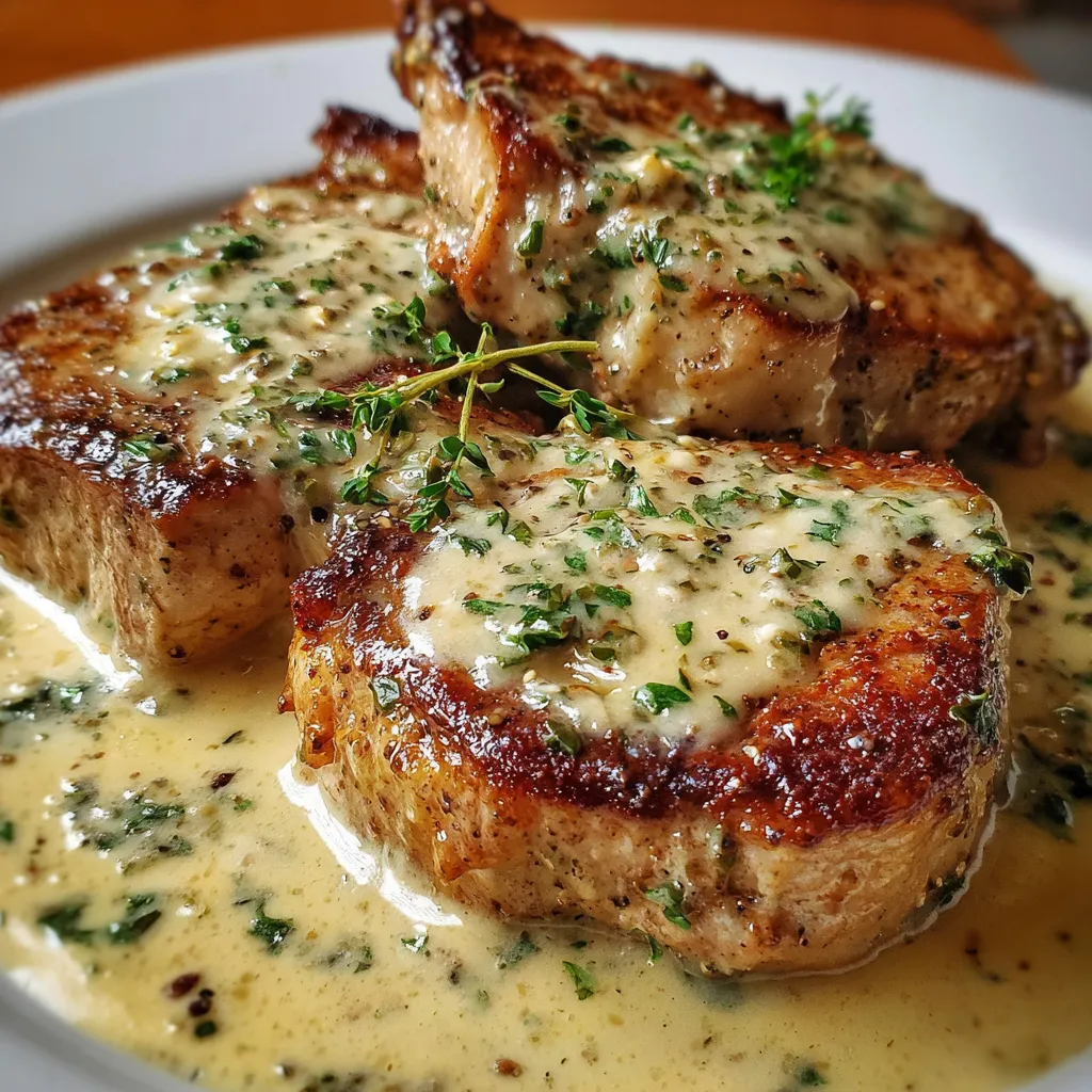 Smothered Boneless Pork Chops in Rich Creamy Garlic Sauce with Herbs - tertiary view