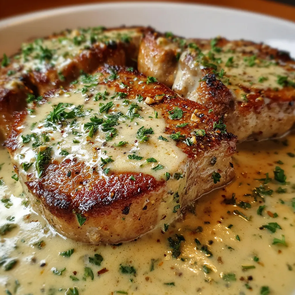 Smothered Boneless Pork Chops in Rich Creamy Garlic Sauce with Herbs - main view