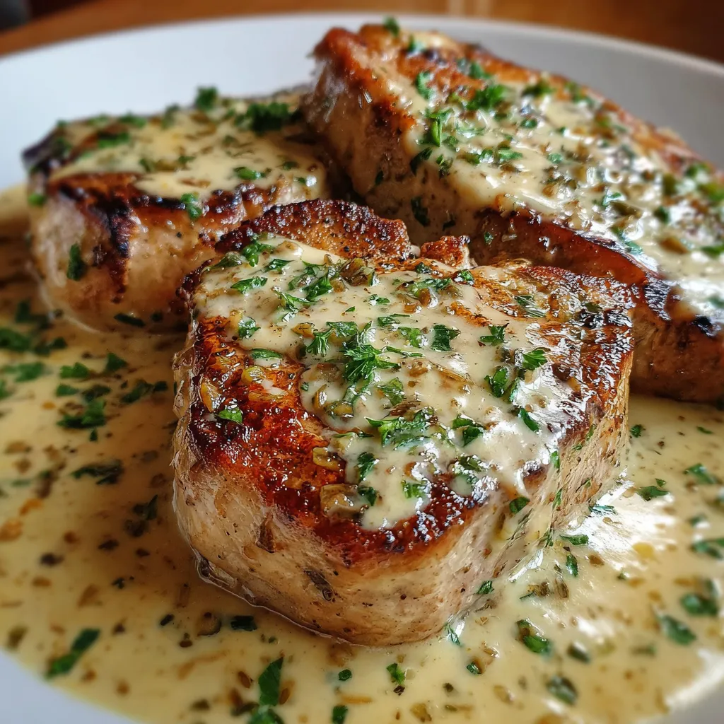 Smothered Boneless Pork Chops in Rich Creamy Garlic Sauce with Herbs - secondary view