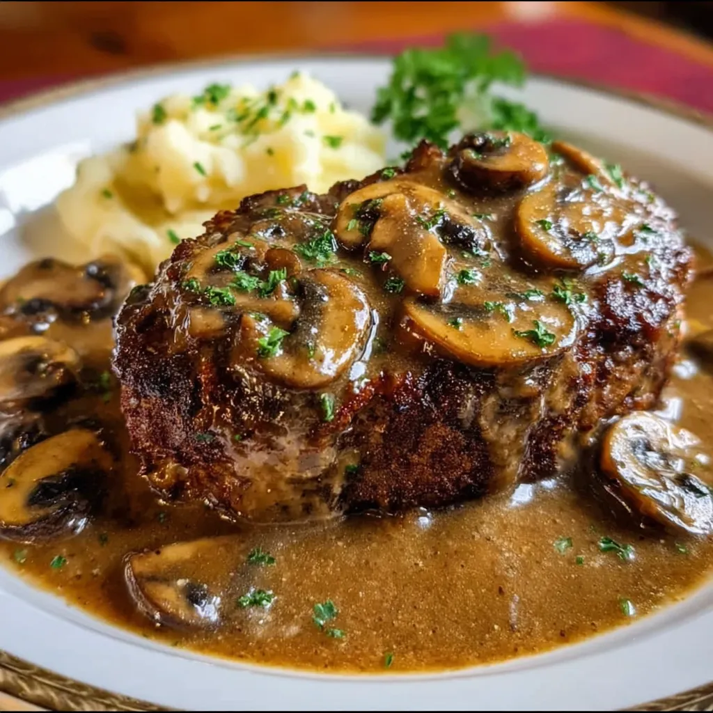 Classic Homestyle Meatloaf with Rich Creamy Mushroom Gravy and Mashed Potatoes - secondary view