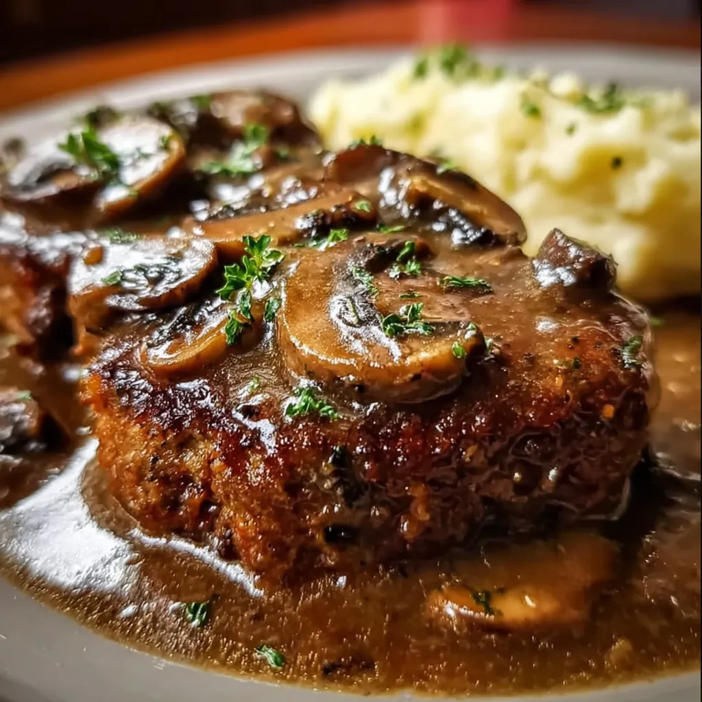Classic Homestyle Meatloaf with Rich Creamy Mushroom Gravy and Mashed Potatoes