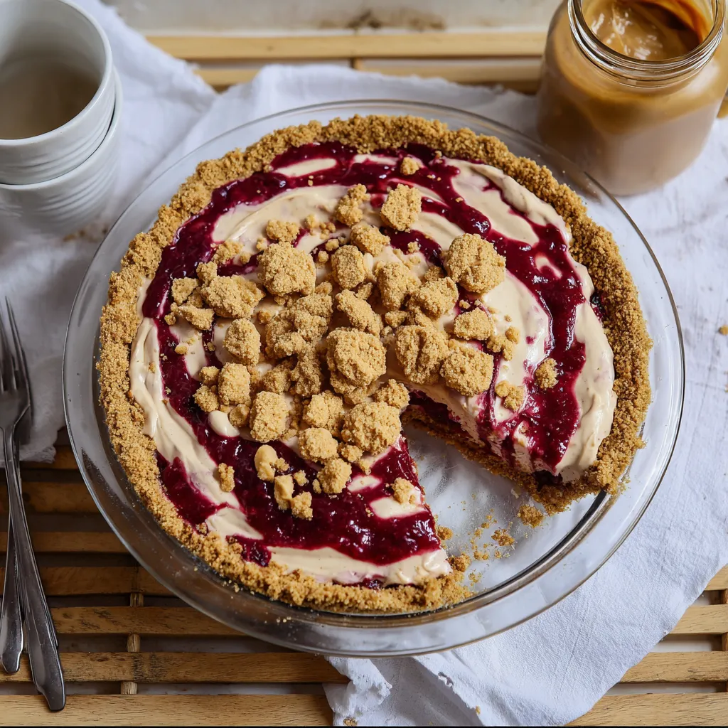 Creamy Peanut Butter and Jelly Pie with Crunchy Graham Cracker Crust and Swirled Topping - tertiary view