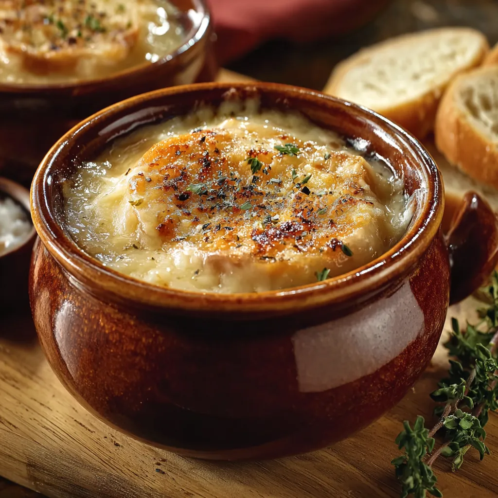 Classic French Onion Soup with Melted Gruyère Cheese and Toasted Bread - tertiary view